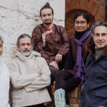 Amin Jaffer with four of India’s five artists — Alwar Balasubramaniam, Asim Waqif, Skarma Sonam Tashi and Ranjani Shettar | Photo Credit: Joe Habben