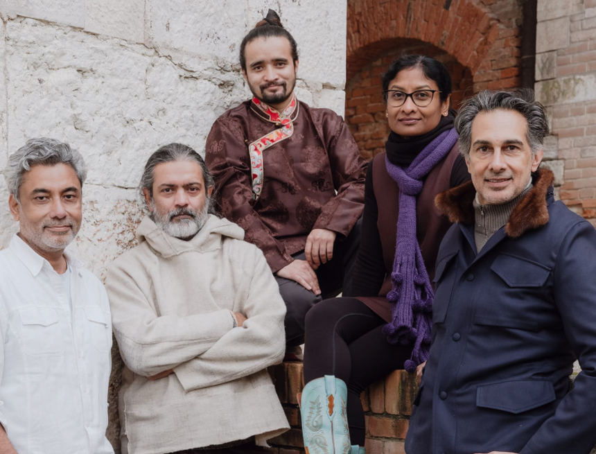 Amin Jaffer with four of India’s five artists — Alwar Balasubramaniam, Asim Waqif, Skarma Sonam Tashi and Ranjani Shettar | Photo Credit: Joe Habben